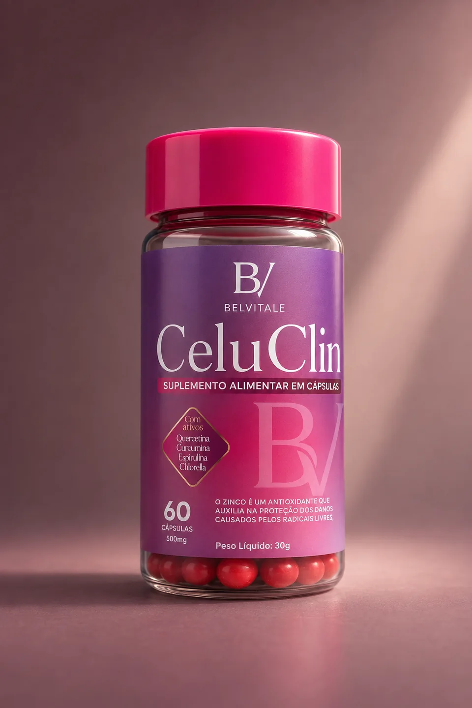 Apresentação ilustrativa do frasco CeluClin, com tampa magenta e rótulo Belvitale.